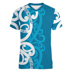 Azure Blue Maori Women V-Neck T-Shirt Koru Kowhaiwhai - Aussie Hoodie