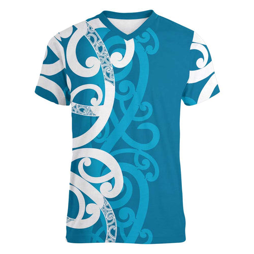 Azure Blue Maori Women V-Neck T-Shirt Koru Kowhaiwhai - Aussie Hoodie