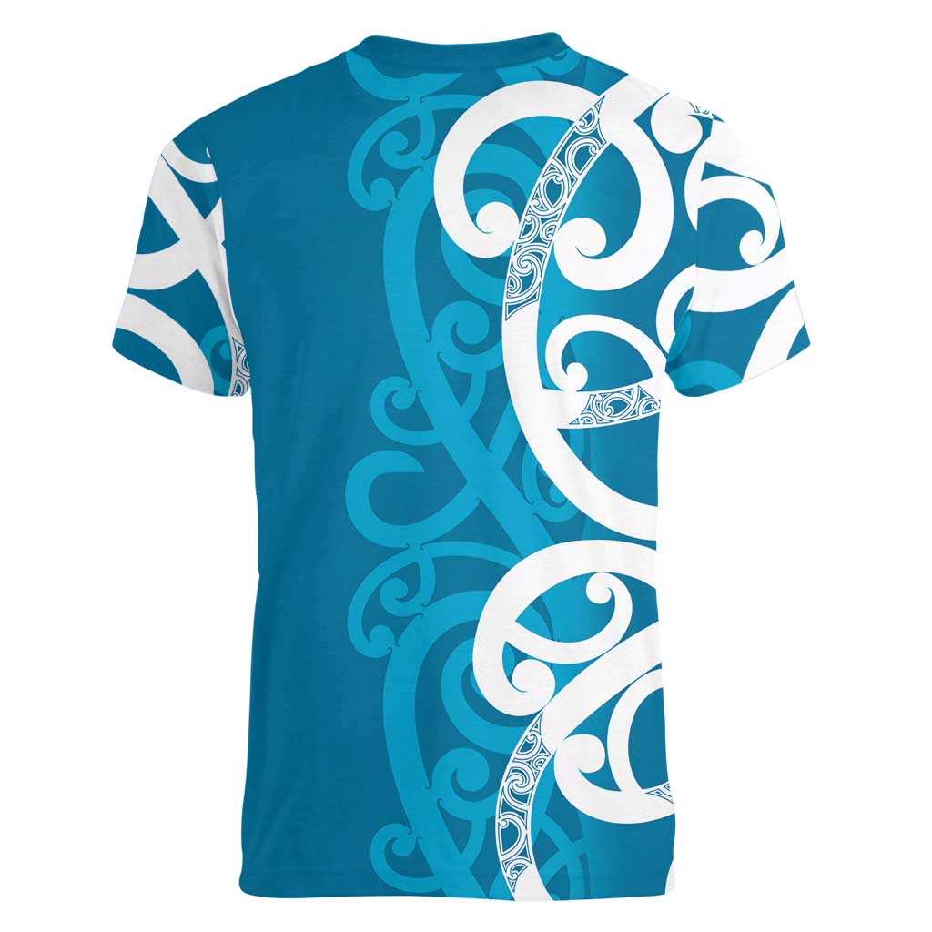 Azure Blue Maori Women V-Neck T-Shirt Koru Kowhaiwhai - Aussie Hoodie