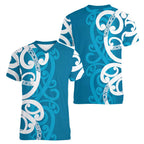 Azure Blue Maori Women V-Neck T-Shirt Koru Kowhaiwhai - Aussie Hoodie