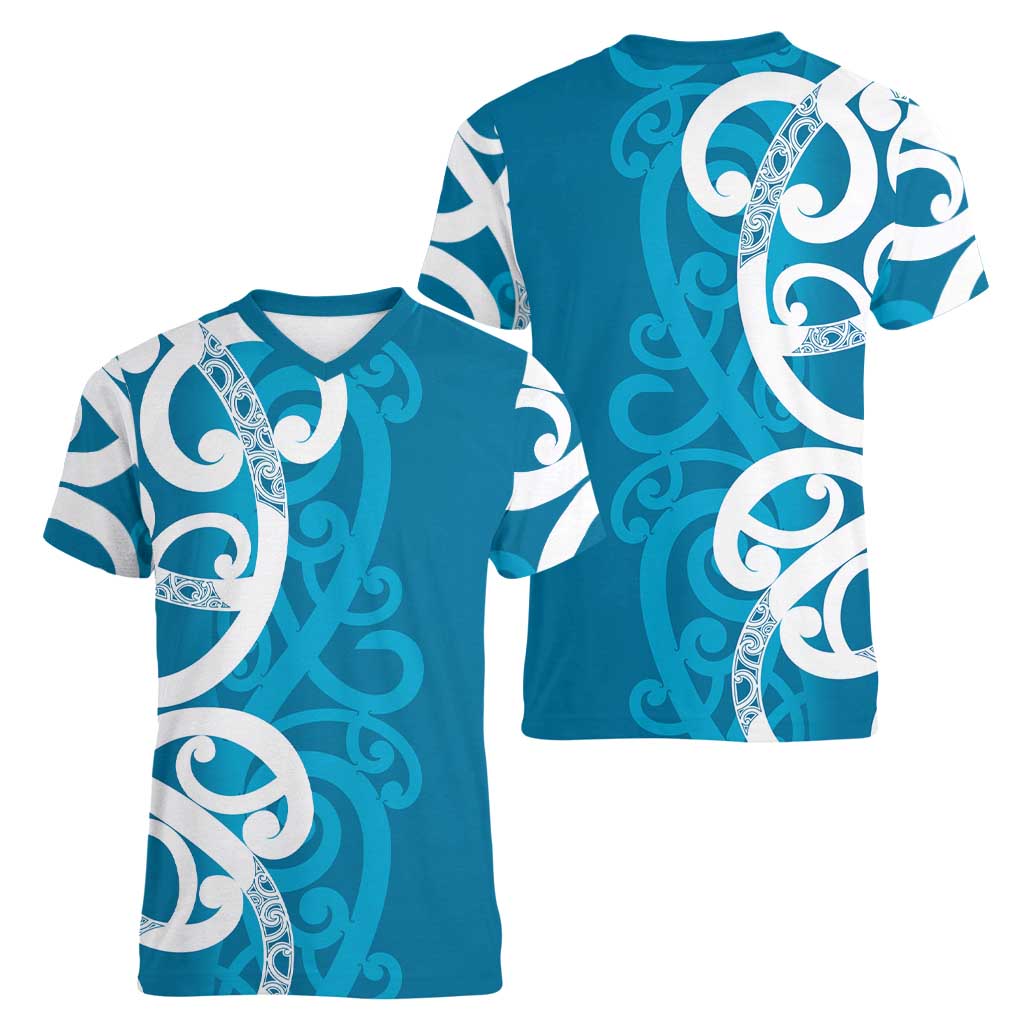 Azure Blue Maori Women V-Neck T-Shirt Koru Kowhaiwhai - Aussie Hoodie