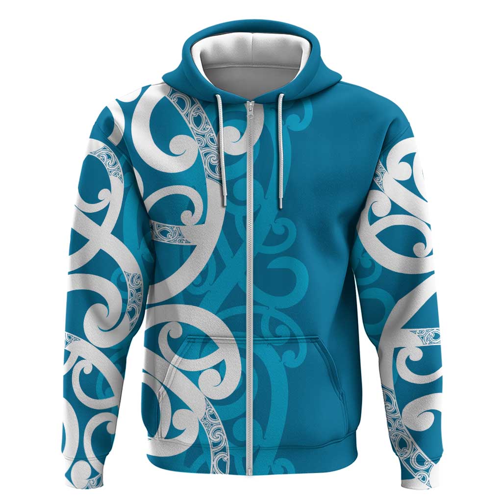 Azure Blue Maori Zip Hoodie Koru Kowhaiwhai - Aussie Hoodie