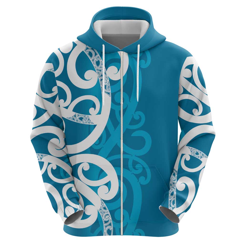 Azure Blue Maori Zip Hoodie Koru Kowhaiwhai - Aussie Hoodie