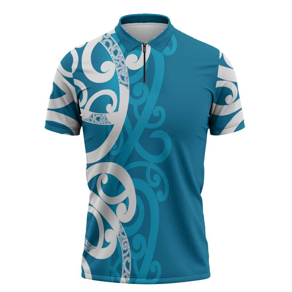 Azure Blue Maori Zipper Polo Shirt Koru Kowhaiwhai - Aussie Hoodie