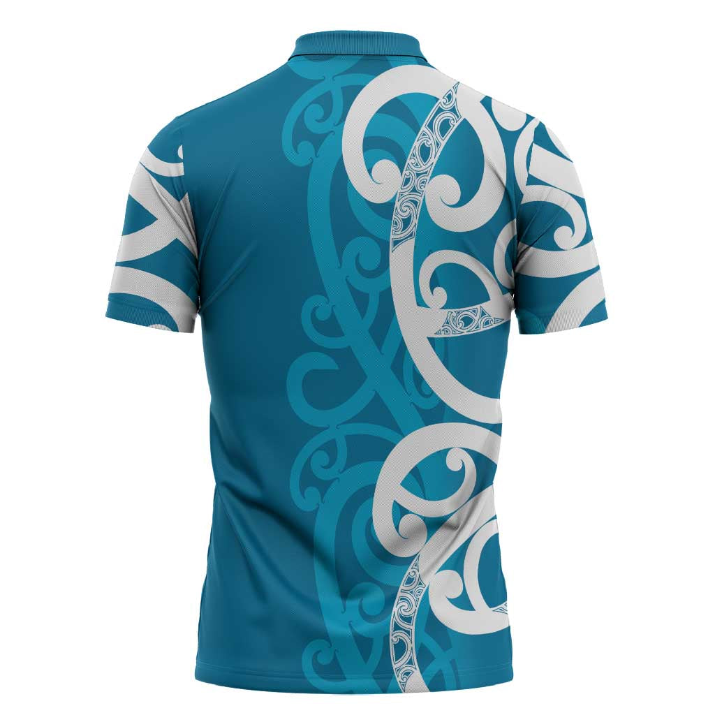 Azure Blue Maori Zipper Polo Shirt Koru Kowhaiwhai - Aussie Hoodie