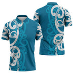 Azure Blue Maori Zipper Polo Shirt Koru Kowhaiwhai - Aussie Hoodie
