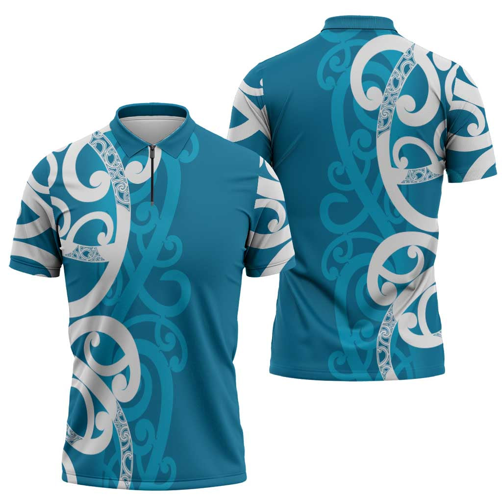 Azure Blue Maori Zipper Polo Shirt Koru Kowhaiwhai - Aussie Hoodie
