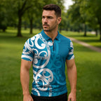 Azure Blue Maori Zipper Polo Shirt Koru Kowhaiwhai - Aussie Hoodie