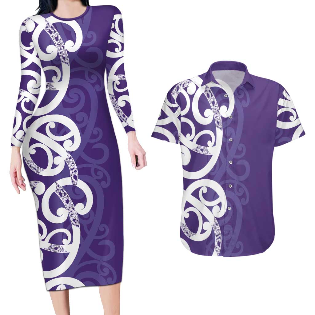 Violet Green Maori Couples Matching Long Sleeve Bodycon Dress and Hawaiian Shirt Koru Kowhaiwhai - Aussie Hoodie