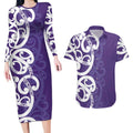 Violet Green Maori Couples Matching Long Sleeve Bodycon Dress and Hawaiian Shirt Koru Kowhaiwhai - Aussie Hoodie