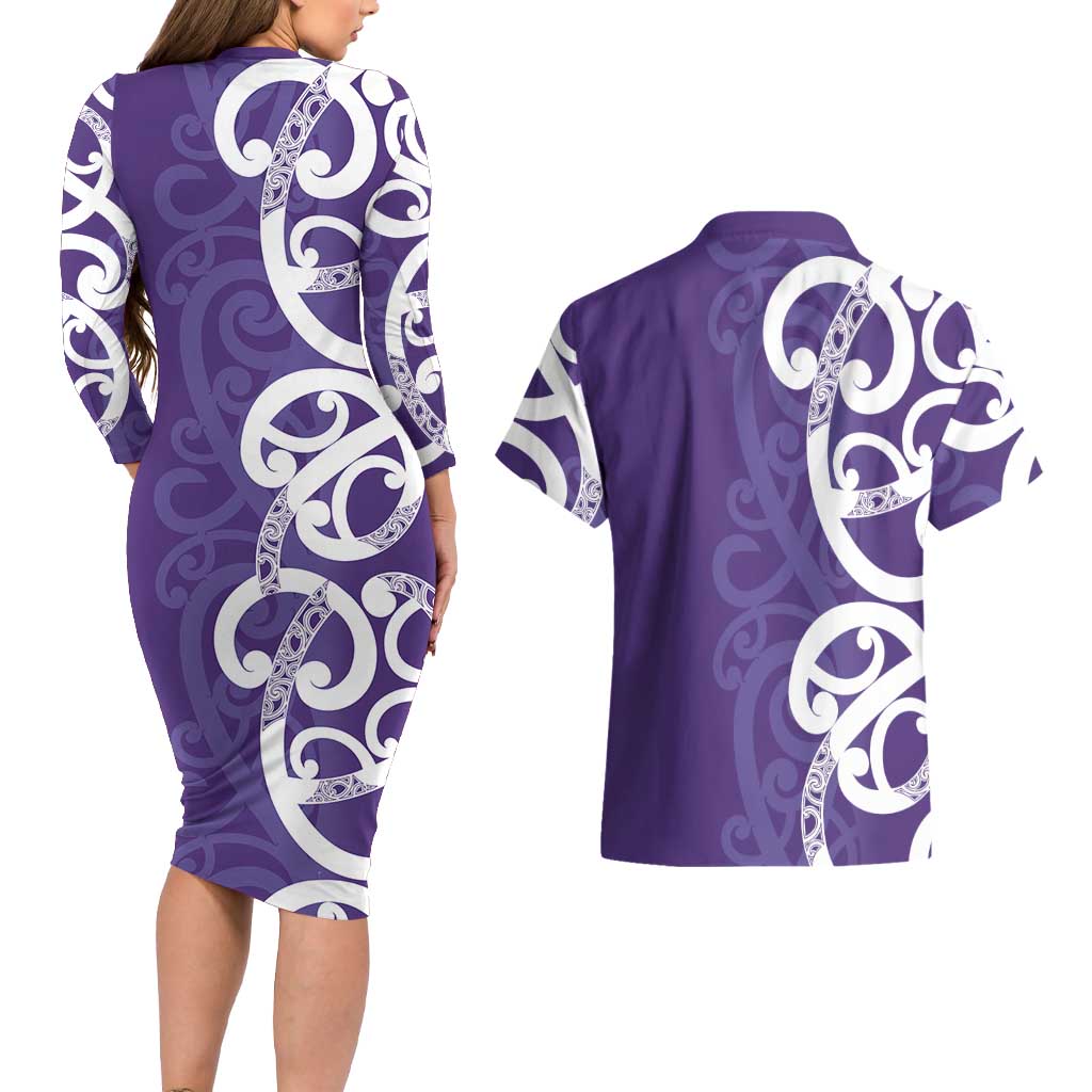 Violet Green Maori Couples Matching Long Sleeve Bodycon Dress and Hawaiian Shirt Koru Kowhaiwhai - Aussie Hoodie