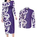 Violet Green Maori Couples Matching Long Sleeve Bodycon Dress and Long Sleeve Button Shirt Koru Kowhaiwhai - Aussie Hoodie