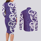 Violet Green Maori Couples Matching Long Sleeve Bodycon Dress and Long Sleeve Button Shirt Koru Kowhaiwhai - Aussie Hoodie
