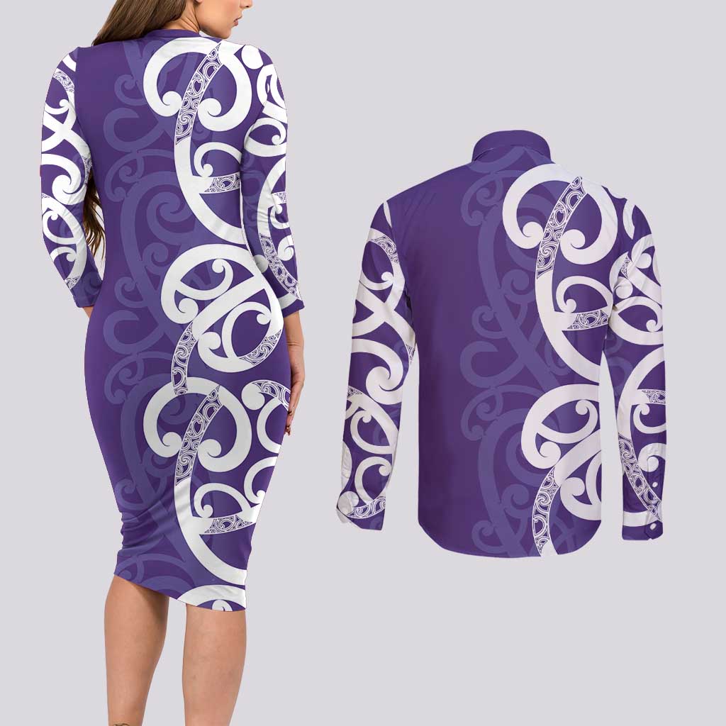 Violet Green Maori Couples Matching Long Sleeve Bodycon Dress and Long Sleeve Button Shirt Koru Kowhaiwhai - Aussie Hoodie