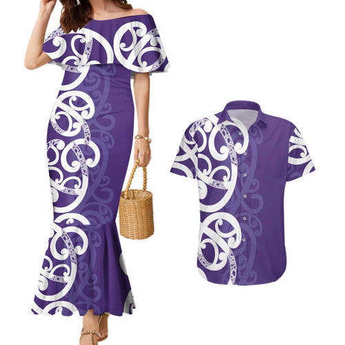 Violet Green Maori Couples Matching Mermaid Dress and Hawaiian Shirt Koru Kowhaiwhai - Aussie Hoodie