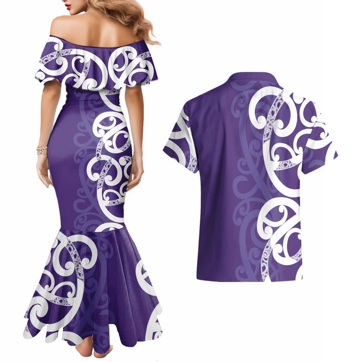 Violet Green Maori Couples Matching Mermaid Dress and Hawaiian Shirt Koru Kowhaiwhai - Aussie Hoodie