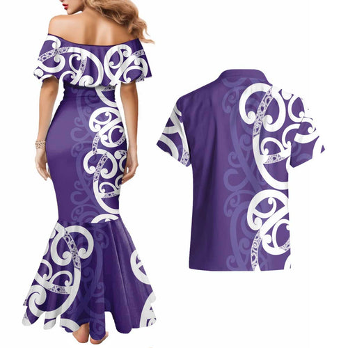 Violet Green Maori Couples Matching Mermaid Dress and Hawaiian Shirt Koru Kowhaiwhai - Aussie Hoodie