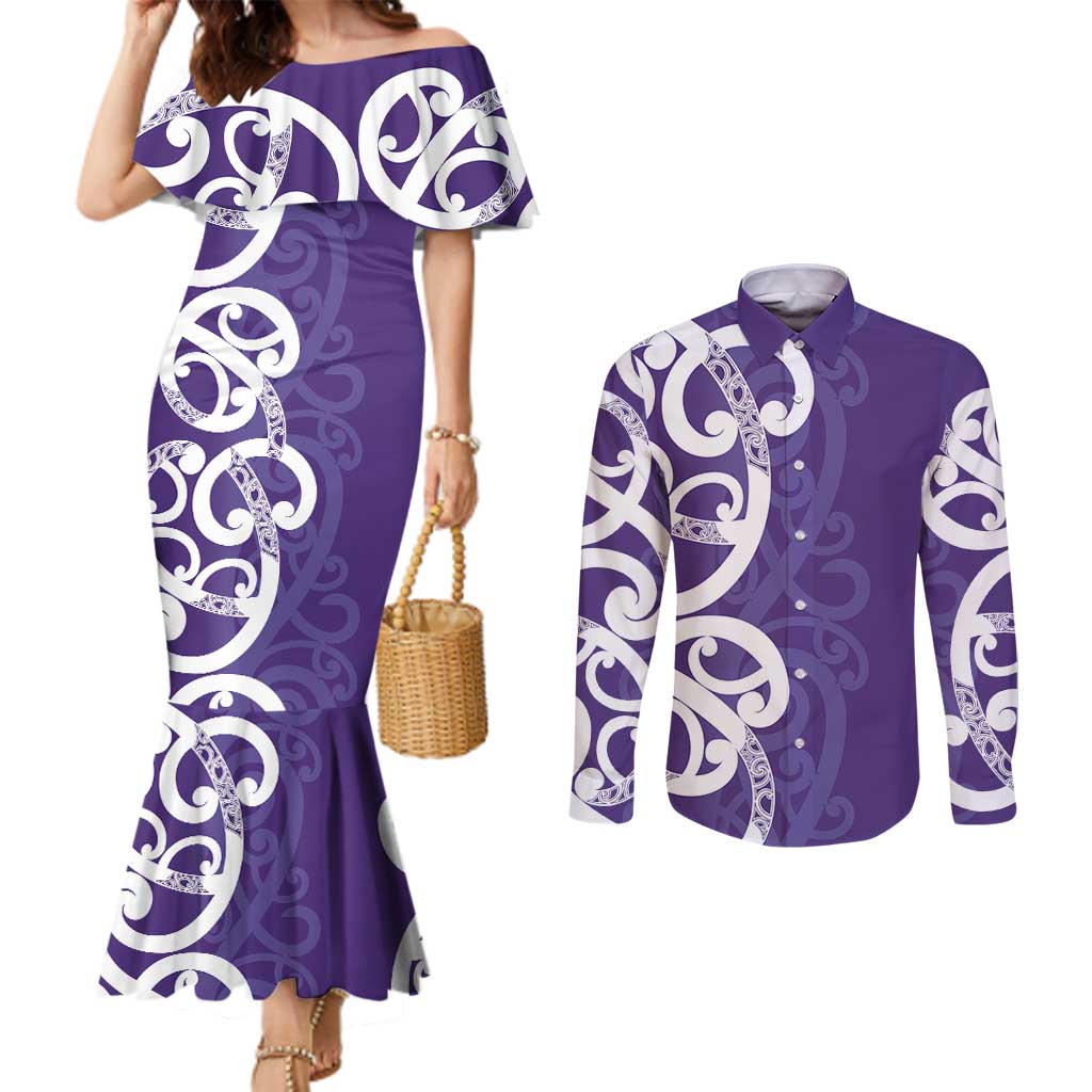Violet Green Maori Couples Matching Mermaid Dress and Long Sleeve Button Shirt Koru Kowhaiwhai - Aussie Hoodie