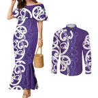 Violet Green Maori Couples Matching Mermaid Dress and Long Sleeve Button Shirt Koru Kowhaiwhai - Aussie Hoodie