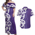 Violet Green Maori Couples Matching Off Shoulder Maxi Dress and Hawaiian Shirt Koru Kowhaiwhai - Aussie Hoodie