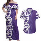 Violet Green Maori Couples Matching Off Shoulder Maxi Dress and Hawaiian Shirt Koru Kowhaiwhai - Aussie Hoodie