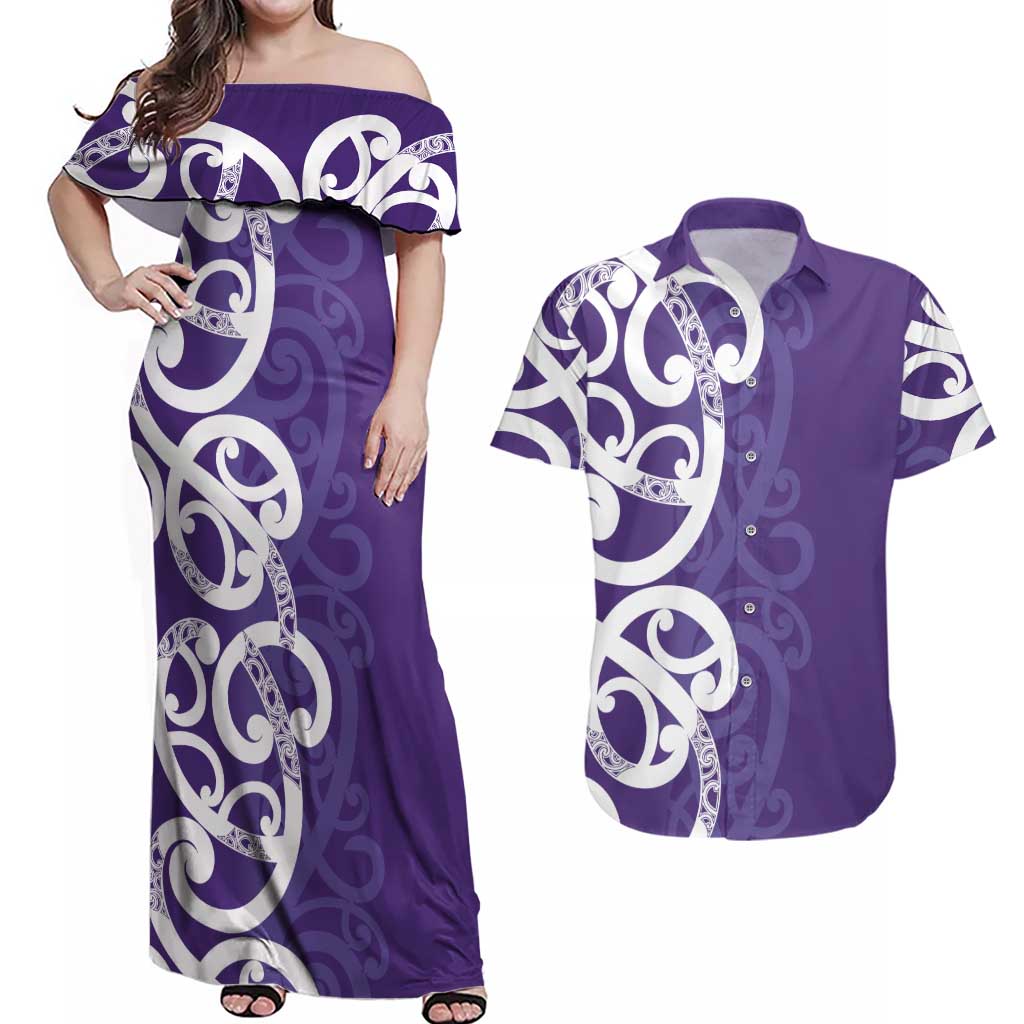 Violet Green Maori Couples Matching Off Shoulder Maxi Dress and Hawaiian Shirt Koru Kowhaiwhai - Aussie Hoodie