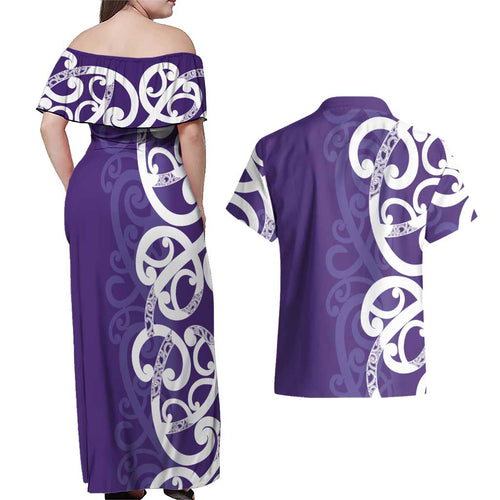 Violet Green Maori Couples Matching Off Shoulder Maxi Dress and Hawaiian Shirt Koru Kowhaiwhai - Aussie Hoodie