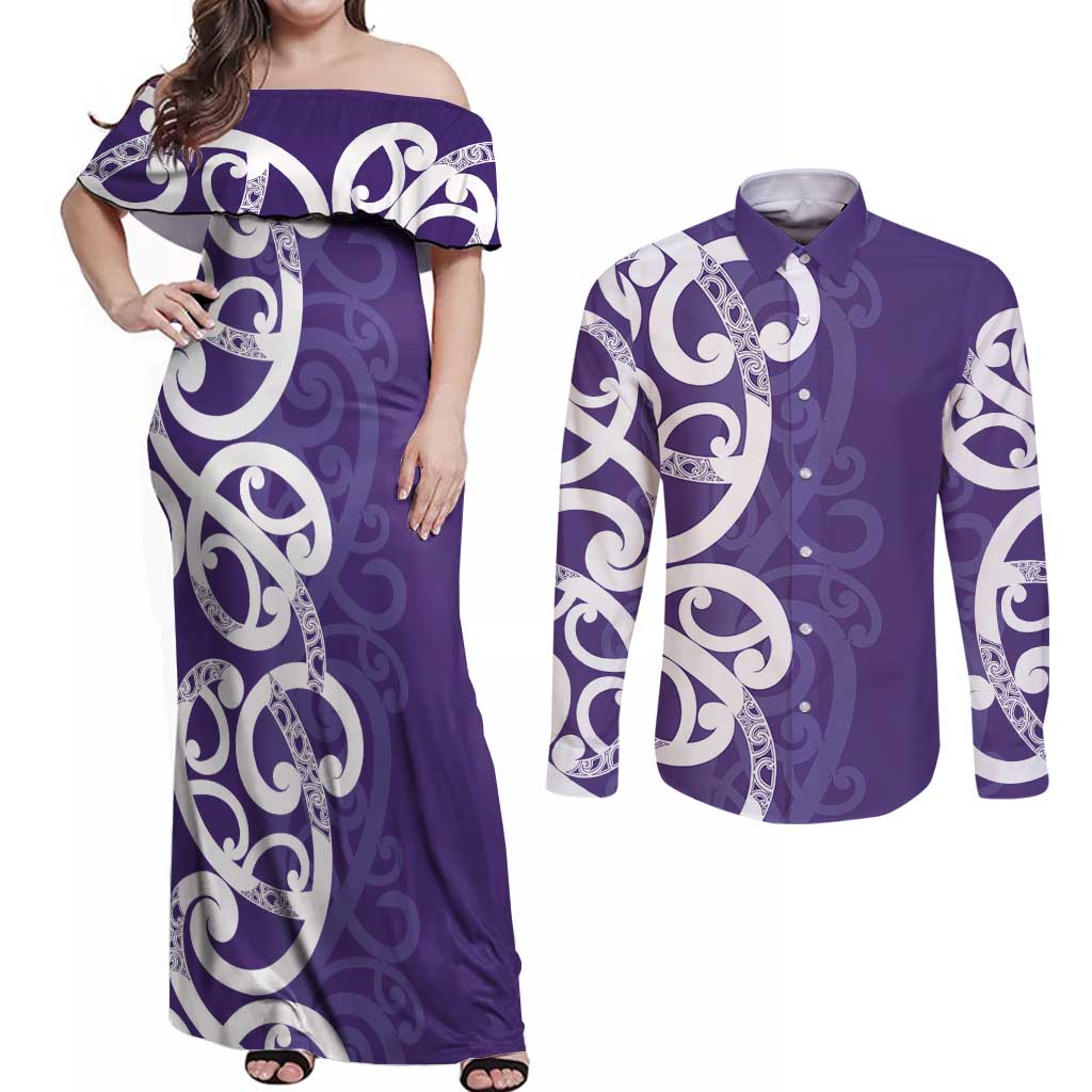 Violet Green Maori Couples Matching Off Shoulder Maxi Dress and Long Sleeve Button Shirt Koru Kowhaiwhai - Aussie Hoodie