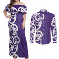 Violet Green Maori Couples Matching Off Shoulder Maxi Dress and Long Sleeve Button Shirt Koru Kowhaiwhai - Aussie Hoodie