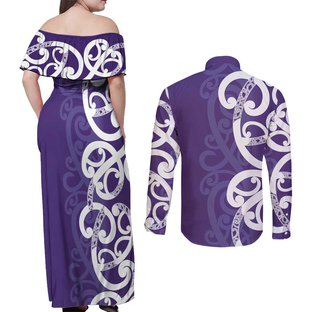 Violet Green Maori Couples Matching Off Shoulder Maxi Dress and Long Sleeve Button Shirt Koru Kowhaiwhai - Aussie Hoodie