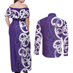 Violet Green Maori Couples Matching Off Shoulder Maxi Dress and Long Sleeve Button Shirt Koru Kowhaiwhai - Aussie Hoodie