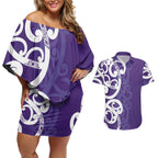 Violet Green Maori Couples Matching Off Shoulder Short Dress and Hawaiian Shirt Koru Kowhaiwhai - Aussie Hoodie