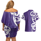 Violet Green Maori Couples Matching Off Shoulder Short Dress and Hawaiian Shirt Koru Kowhaiwhai - Aussie Hoodie