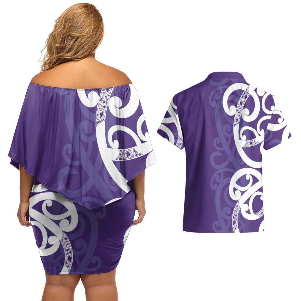 Violet Green Maori Couples Matching Off Shoulder Short Dress and Hawaiian Shirt Koru Kowhaiwhai - Aussie Hoodie