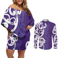 Violet Green Maori Couples Matching Off Shoulder Short Dress and Long Sleeve Button Shirt Koru Kowhaiwhai - Aussie Hoodie