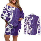 Violet Green Maori Couples Matching Off Shoulder Short Dress and Long Sleeve Button Shirt Koru Kowhaiwhai - Aussie Hoodie