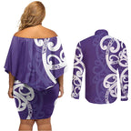 Violet Green Maori Couples Matching Off Shoulder Short Dress and Long Sleeve Button Shirt Koru Kowhaiwhai - Aussie Hoodie