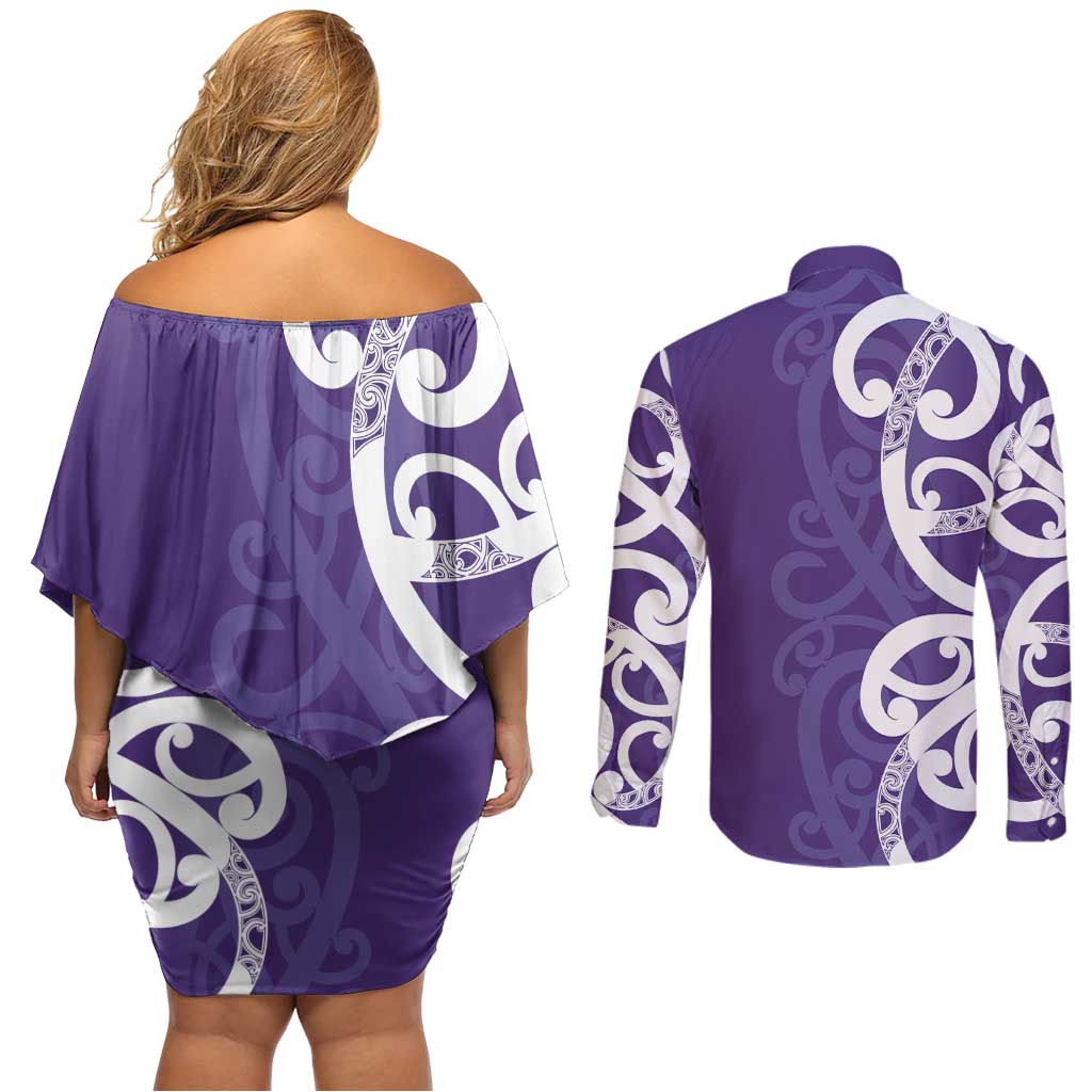 Violet Green Maori Couples Matching Off Shoulder Short Dress and Long Sleeve Button Shirt Koru Kowhaiwhai - Aussie Hoodie