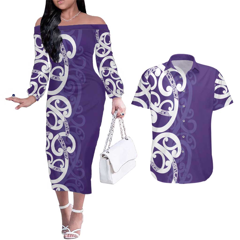 Violet Green Maori Couples Matching Off The Shoulder Long Sleeve Dress and Hawaiian Shirt Koru Kowhaiwhai - Aussie Hoodie