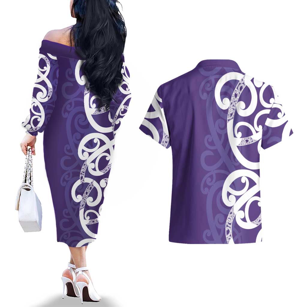 Violet Green Maori Couples Matching Off The Shoulder Long Sleeve Dress and Hawaiian Shirt Koru Kowhaiwhai - Aussie Hoodie
