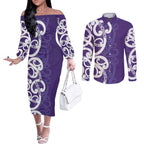 Violet Green Maori Couples Matching Off The Shoulder Long Sleeve Dress and Long Sleeve Button Shirt Koru Kowhaiwhai - Aussie Hoodie