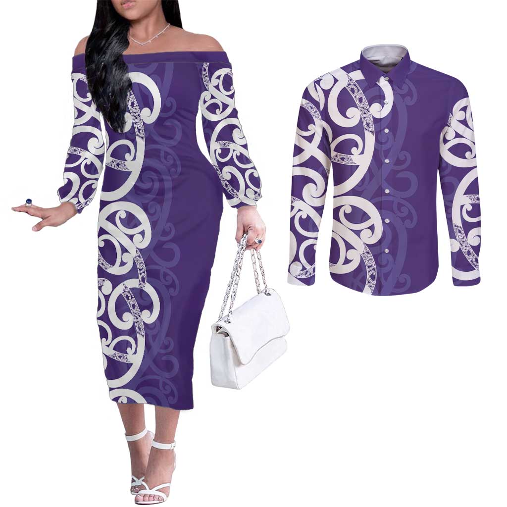 Violet Green Maori Couples Matching Off The Shoulder Long Sleeve Dress and Long Sleeve Button Shirt Koru Kowhaiwhai - Aussie Hoodie