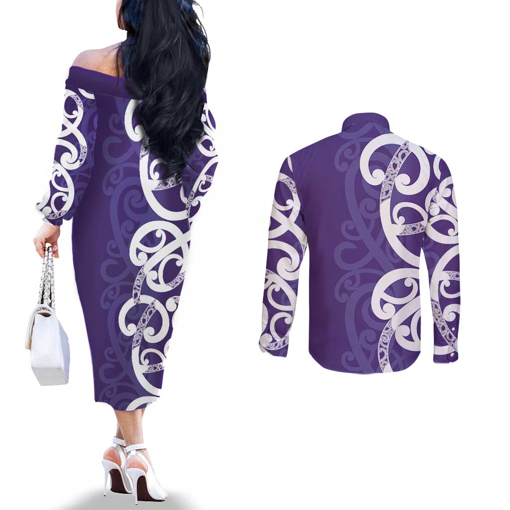 Violet Green Maori Couples Matching Off The Shoulder Long Sleeve Dress and Long Sleeve Button Shirt Koru Kowhaiwhai - Aussie Hoodie