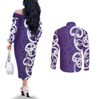 Violet Green Maori Couples Matching Off The Shoulder Long Sleeve Dress and Long Sleeve Button Shirt Koru Kowhaiwhai - Aussie Hoodie