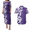 Violet Green Maori Couples Matching Puletasi and Hawaiian Shirt Koru Kowhaiwhai - Aussie Hoodie