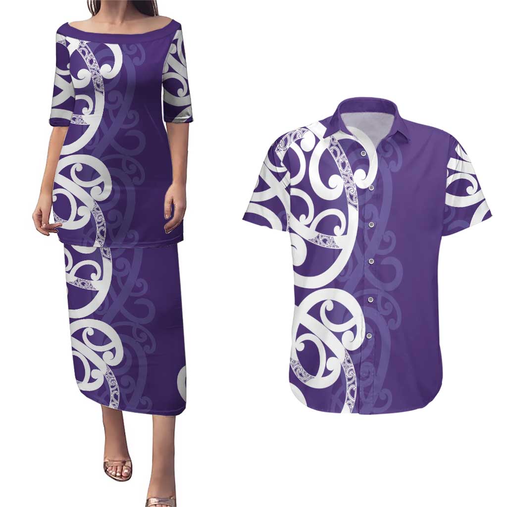 Violet Green Maori Couples Matching Puletasi and Hawaiian Shirt Koru Kowhaiwhai - Aussie Hoodie