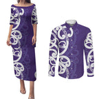 Violet Green Maori Couples Matching Puletasi and Long Sleeve Button Shirt Koru Kowhaiwhai - Aussie Hoodie