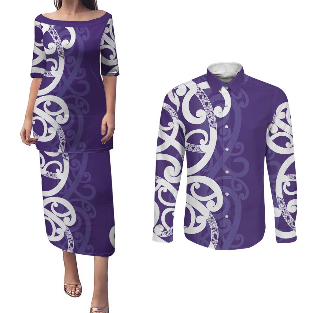 Violet Green Maori Couples Matching Puletasi and Long Sleeve Button Shirt Koru Kowhaiwhai - Aussie Hoodie