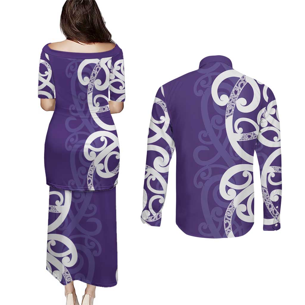 Violet Green Maori Couples Matching Puletasi and Long Sleeve Button Shirt Koru Kowhaiwhai - Aussie Hoodie