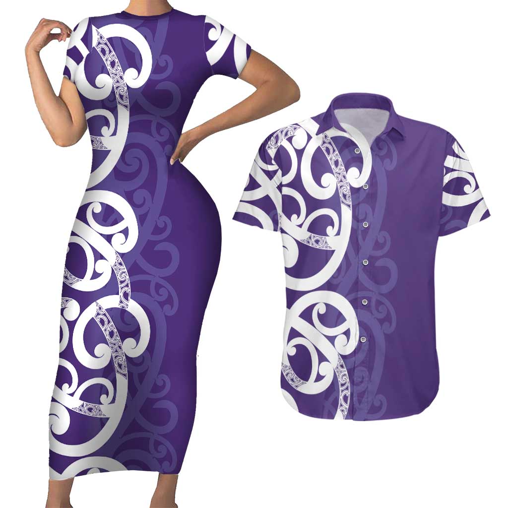 Violet Green Maori Couples Matching Short Sleeve Bodycon Dress and Hawaiian Shirt Koru Kowhaiwhai - Aussie Hoodie